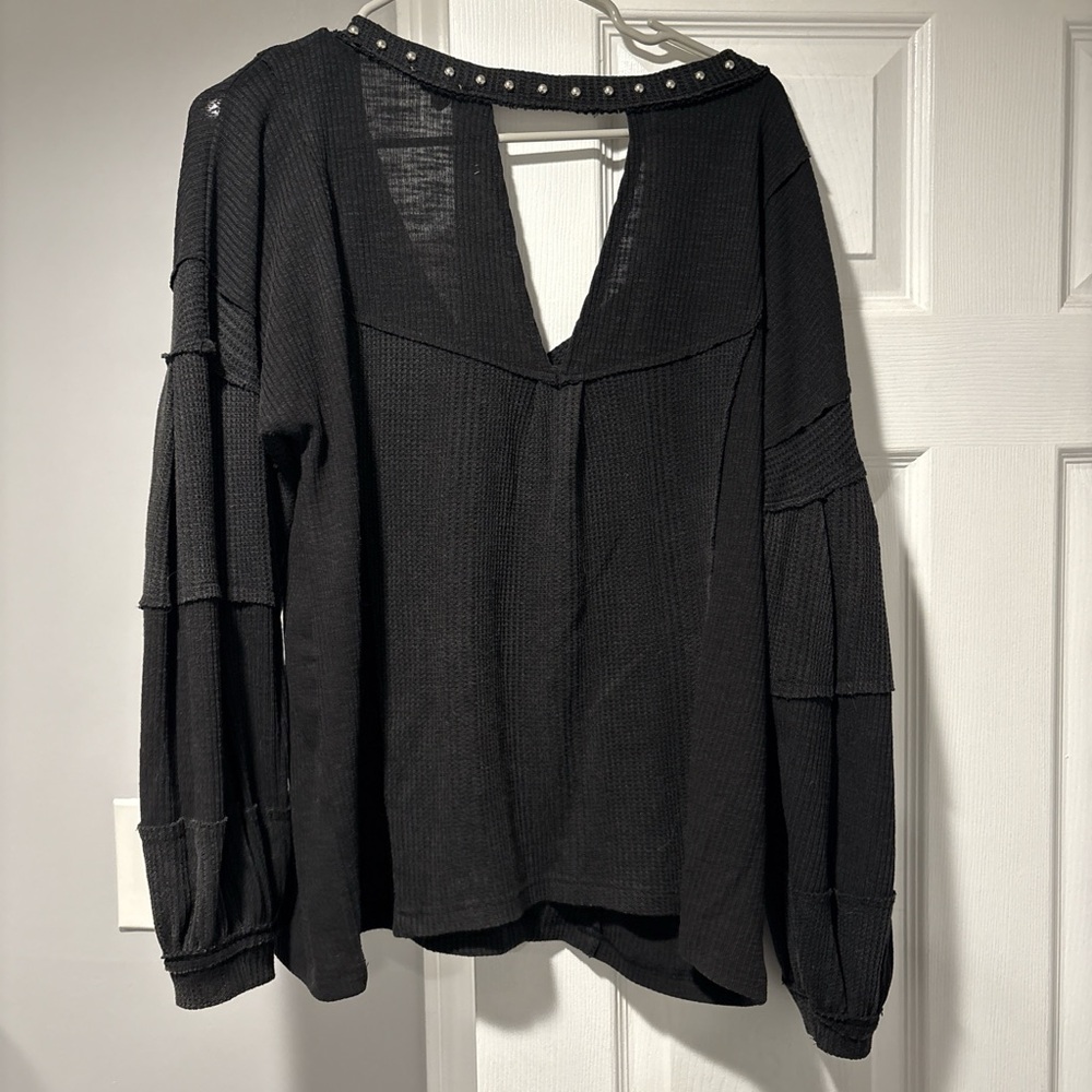 POL Black Studded V-Neck Women's Top
